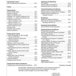 May include: A page from a manual titled "Contents" with a table of contents for a mower-conditioner. The table lists topics like safety, tractor preparation, and mower operation. The manual is from Deere & Company.