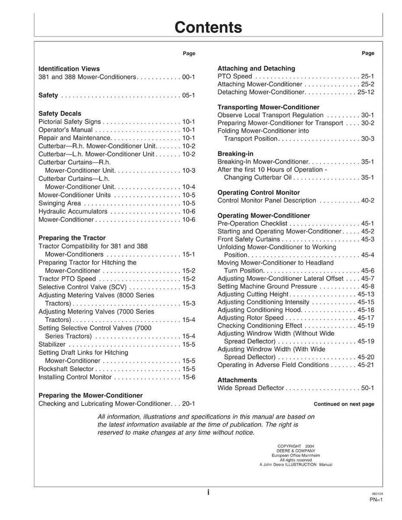 May include: A page from a manual titled "Contents" with a table of contents for a mower-conditioner. The table lists topics like safety, tractor preparation, and mower operation. The manual is from Deere & Company.