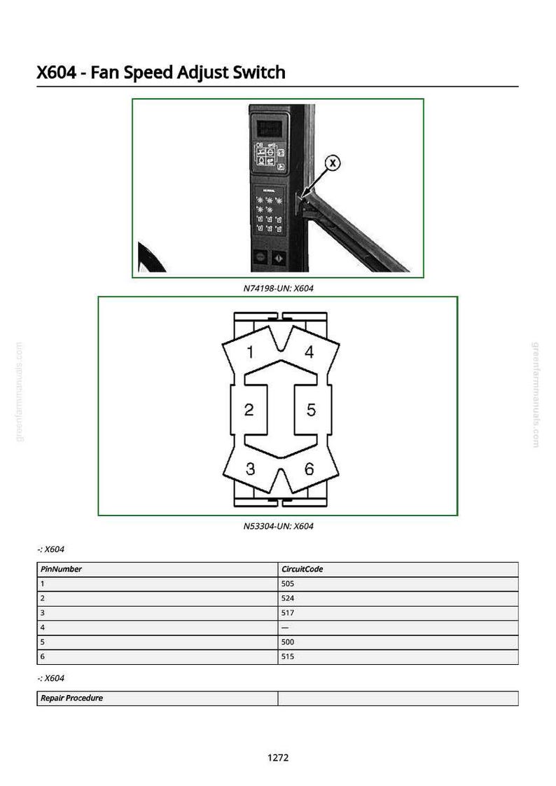 Op de afbeelding: Diagram van een X604-snelheidsregelaar voor de ventilator, inclusief een bedieningspaneel, een connectordiagram met genummerde pinnen en een tabel met pinnummers en circuitcodes. Tekst: "X604 - Fan Speed Adjust Switch."
