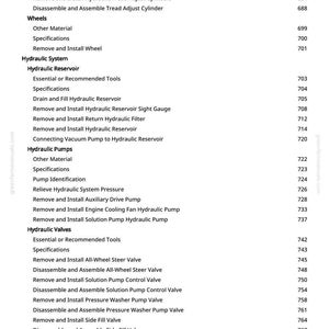 Pode incluir: Uma tabela de conte&uacute;do detalhada de um manual, listando procedimentos para sistemas hidr&aacute;ulicos, rodas e cilindros. Inclui especifica&ccedil;&otilde;es, instru&ccedil;&otilde;es de remo&ccedil;&atilde;o e instala&ccedil;&atilde;o. O n&uacute;mero da p&aacute;gina 10 &eacute; vis&iacute;vel.