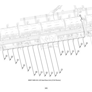 May include: Line drawing of a seed row unit, labeled BM011480-UN, for a 2134 planter. The diagram shows multiple rows with numbered indicators and a detailed view of the machinery's components. The number 345 is at the bottom.