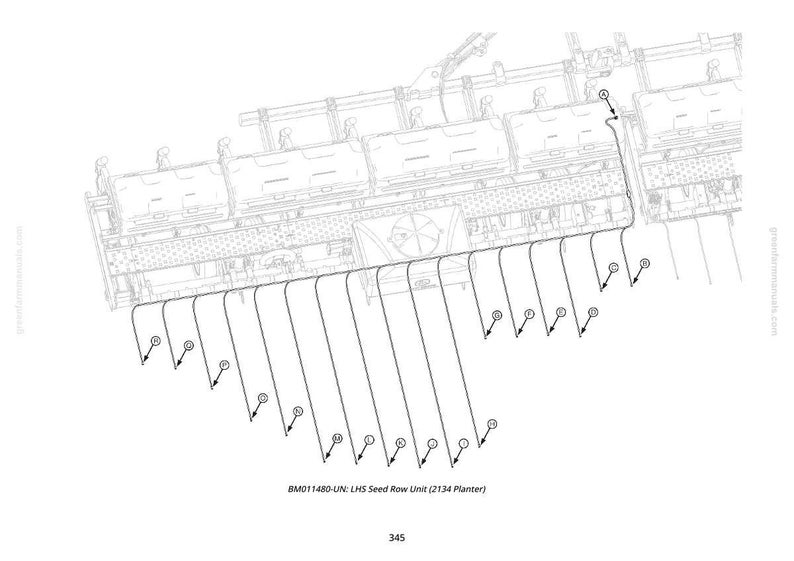 May include: Line drawing of a seed row unit, labeled BM011480-UN, for a 2134 planter. The diagram shows multiple rows with numbered indicators and a detailed view of the machinery's components. The number 345 is at the bottom.