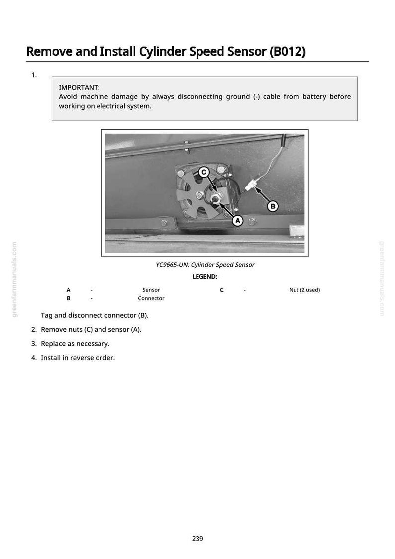 May include: Diagram showing the removal and installation of a cylinder speed sensor. The image includes a close-up of the sensor, labeled components, and instructions. Text reads "Remove and Install Cylinder Speed Sensor (B012)".