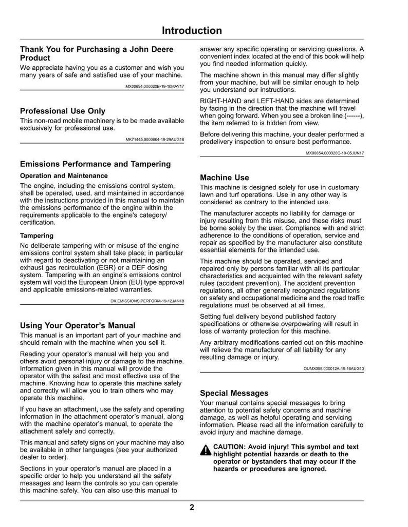 May include: A printed manual with the title "Introduction" and the John Deere logo. The manual contains text about machine operation, safety, and maintenance, with a warning symbol.