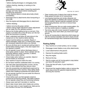May include: A safety manual page with instructions for safe lawn mower operation. Includes steps for checking the mowing area, parking safely, and other safety precautions. Text is in black on a white background.