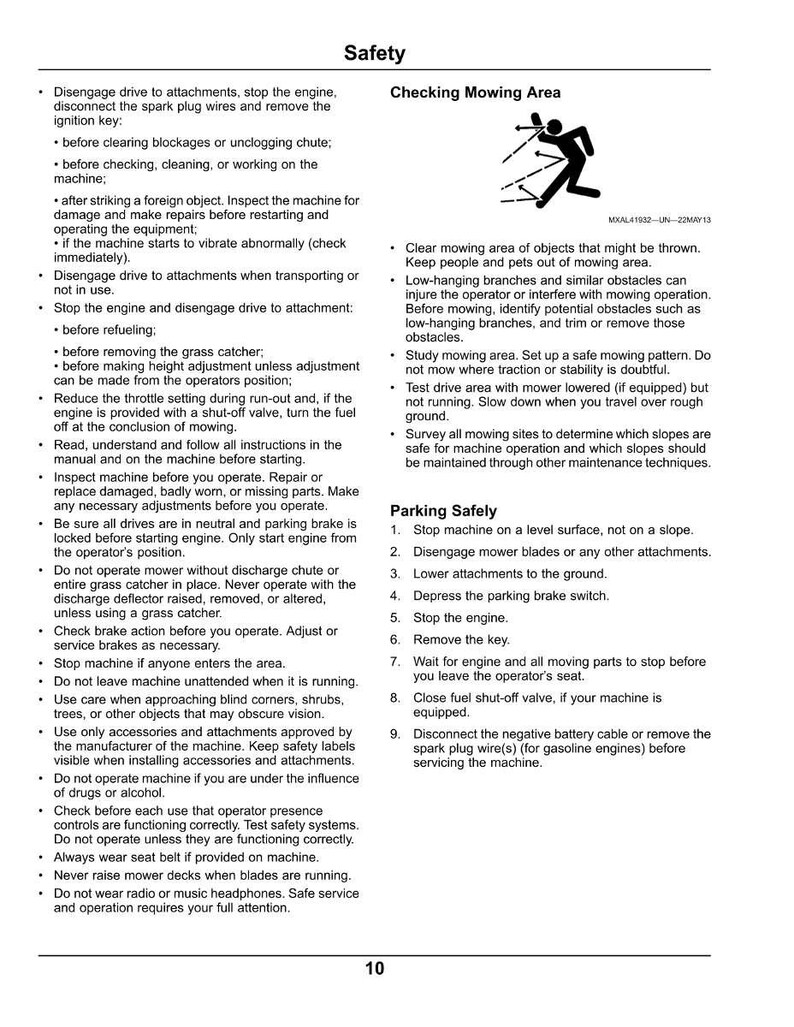 May include: A safety manual page with instructions for safe lawn mower operation. Includes steps for checking the mowing area, parking safely, and other safety precautions. Text is in black on a white background.