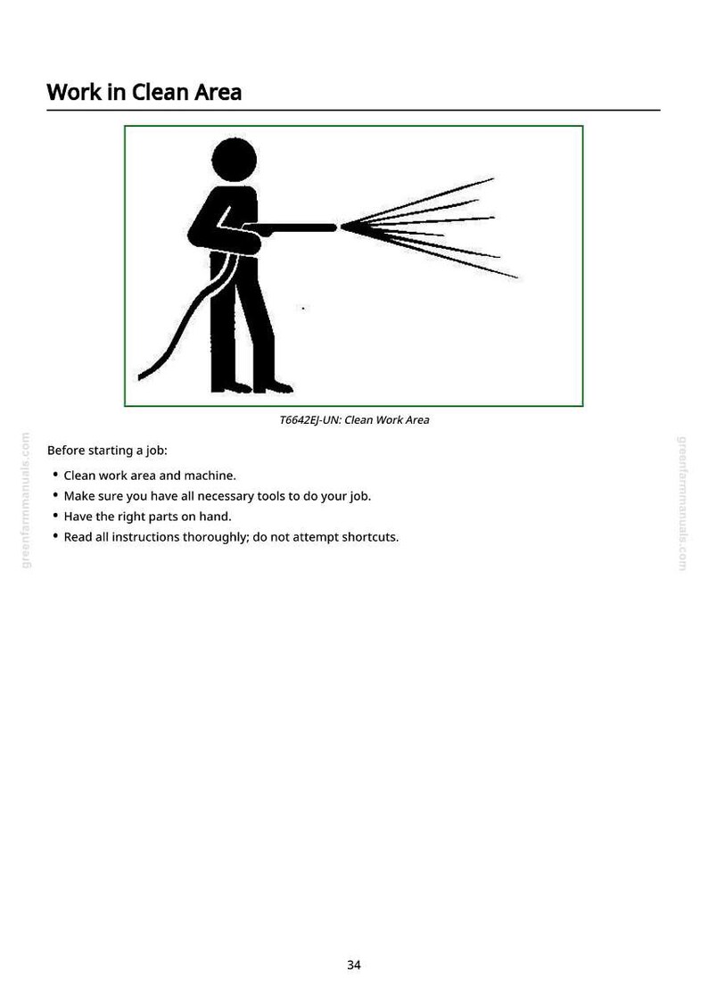 May include: A black and white illustration shows a person using a hose to spray water, with the text "Work in Clean Area" above. The image is a safety instruction, with the text "T6642EJ-UN: Clean Work Area".