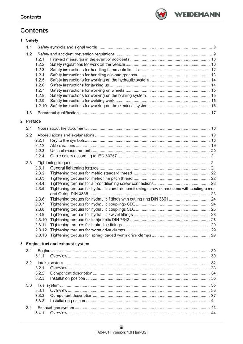 May include: A document titled "Contents" with a table of contents. The document is divided into sections including safety, preface, and engine, fuel, and exhaust system. The Weidemann logo is at the top.