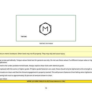 May include: A technical diagram with a green border features a hexagonal logo with the letter "M" inside. Below the logo is the text "T6873AC-UN: M-Bolt". A yellow caution box warns about using metric tools.