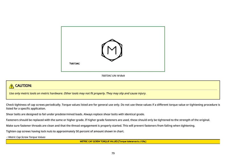 May include: A technical diagram with a green border features a hexagonal logo with the letter "M" inside. Below the logo is the text "T6873AC-UN: M-Bolt". A yellow caution box warns about using metric tools.