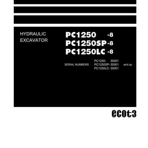 May include: A shop manual with the title "Shop Manual" at the top. The manual includes information about hydraulic excavators, specifically PC1250, PC1250SP, and PC1250LC models. The serial numbers are also listed. The Komatsu logo is at the bottom.