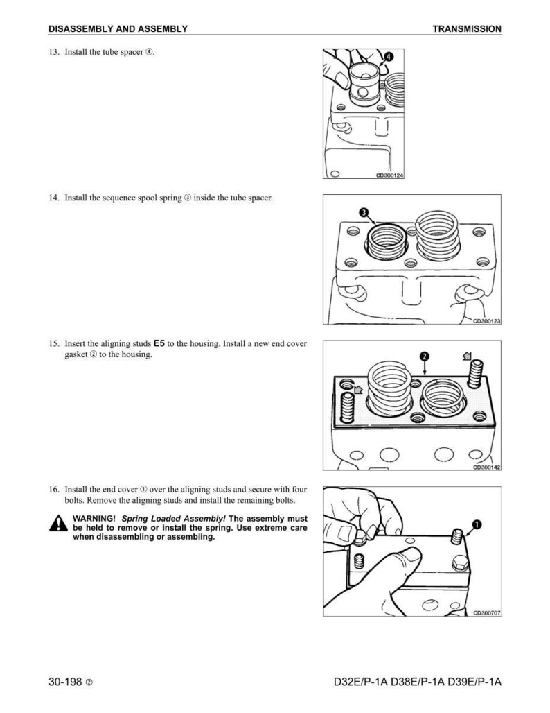 May include: Diagram of transmission disassembly and assembly instructions. Includes illustrations of installing tube spacers, sequence spool springs, aligning studs, and end covers. Text includes warnings about spring-loaded assemblies.