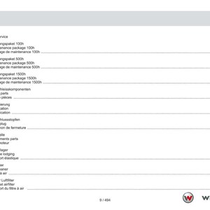 K&ouml;nnte beinhalten: Eine wei&szlig;e Seite mit einem Inhaltsverzeichnis in Deutsch, Englisch und Franz&ouml;sisch. Die Tabelle listet Serviceartikel, Wartungspakete, Verschlei&szlig;teile, Schmierung und Motorkomponenten auf. Das Weidemann-Logo ist zu sehen.