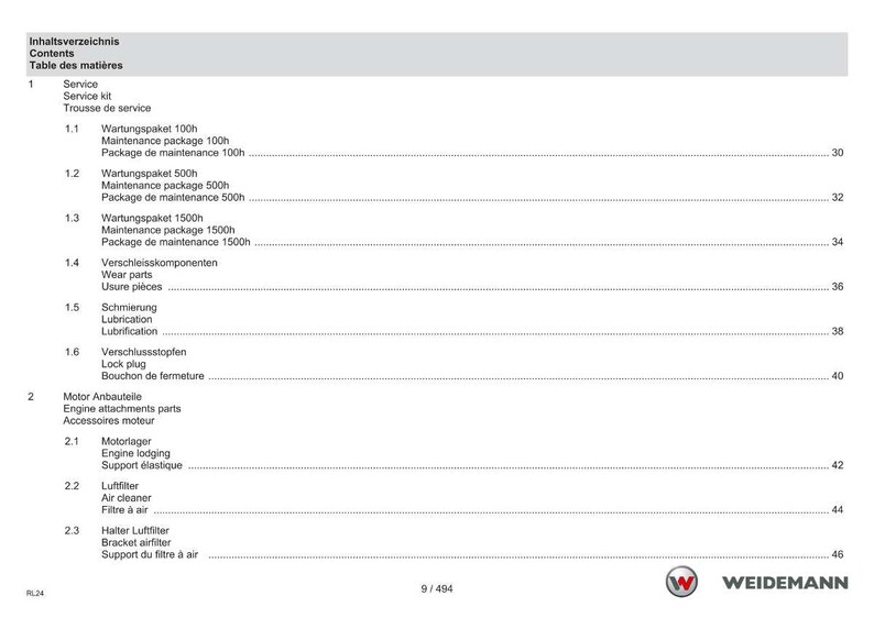 K&ouml;nnte beinhalten: Eine wei&szlig;e Seite mit einem Inhaltsverzeichnis in Deutsch, Englisch und Franz&ouml;sisch. Die Tabelle listet Serviceartikel, Wartungspakete, Verschlei&szlig;teile, Schmierung und Motorkomponenten auf. Das Weidemann-Logo ist zu sehen.