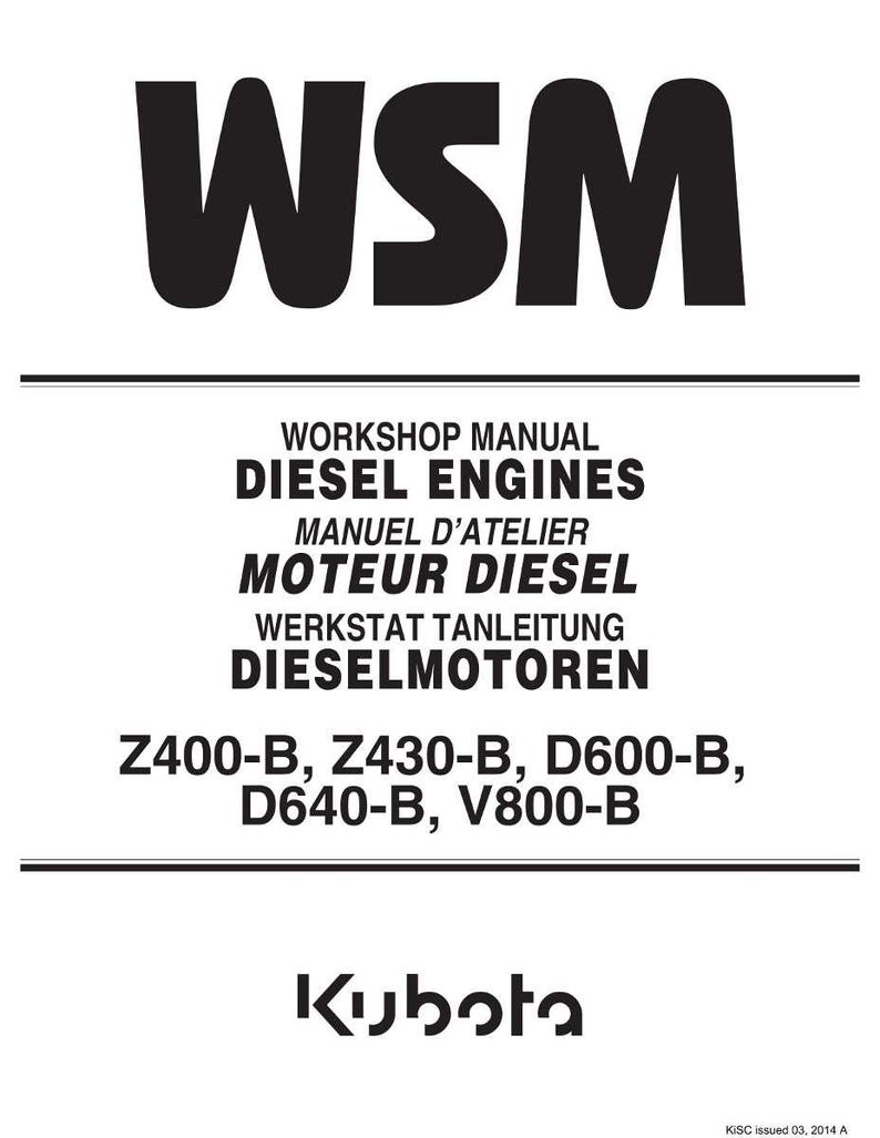 May include: A white background with black text. The top of the image reads "WSM". Below, the text reads "WORKSHOP MANUAL DIESEL ENGINES MANUEL D'ATELIER MOTEUR DIESEL WERKSTAT TANLEITUNG DIESELMOTOREN". The bottom of the image has the Kubota logo.