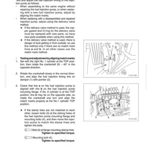 Peut inclure: Un sch&eacute;ma technique d'un manuel Komatsu d&eacute;taillant le test et le r&eacute;glage du calage de l'injection de carburant avec un r&eacute;gulateur &eacute;lectronique. Le texte comprend des instructions et des sch&eacute;mas.