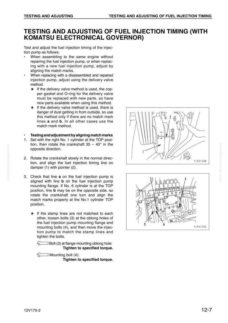 Peut inclure: Un sch&eacute;ma technique d'un manuel Komatsu d&eacute;taillant le test et le r&eacute;glage du calage de l'injection de carburant avec un r&eacute;gulateur &eacute;lectronique. Le texte comprend des instructions et des sch&eacute;mas.