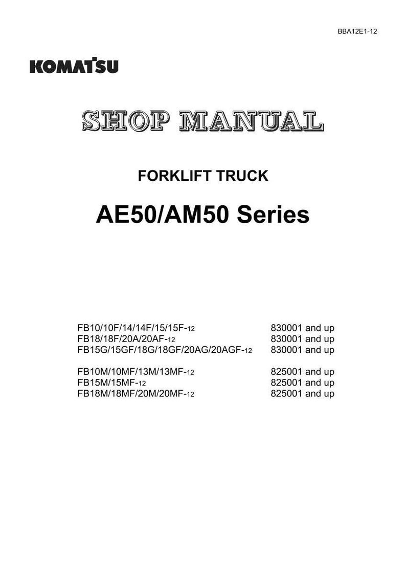 Pode incluir: Uma capa branca de manual de oficina com o logotipo da Komatsu e o texto "SHOP MANUAL" em uma fonte estilizada. O manual &eacute; para uma empilhadeira, s&eacute;rie AE50/AM50, com n&uacute;meros de modelo e s&eacute;rie listados.