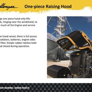 May include: A yellow and black Challenger tractor with its one-piece raising hood open, revealing the engine and service points. The hood lifts upwards, hinging near the windscreen. The text reads "SMART MACHINES. SERIOUS RESULTS."