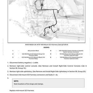 May include: Diagram showing the replacement of a mid-mount SCV harness, with numbered parts and a legend. The image includes a wiring diagram and instructions for the replacement process.