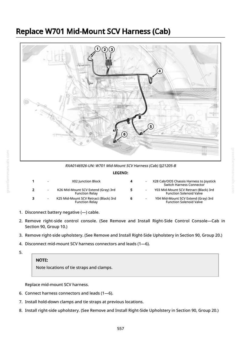 May include: Diagram showing the replacement of a mid-mount SCV harness, with numbered parts and a legend. The image includes a wiring diagram and instructions for the replacement process.