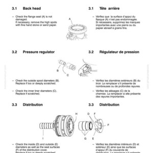 K&ouml;nnte beinhalten: Diagramm der Komatsu-Teileinspektionsanweisungen. Das Bild enth&auml;lt Illustrationen von Komponenten wie einem R&uuml;ckkopf, einem Druckregler und Verteilerteilen. Text liefert Anweisungen zum &Uuml;berpr&uuml;fen und Ersetzen von Teilen.