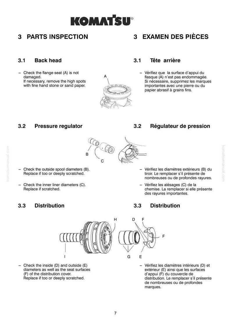 K&ouml;nnte beinhalten: Diagramm der Komatsu-Teileinspektionsanweisungen. Das Bild enth&auml;lt Illustrationen von Komponenten wie einem R&uuml;ckkopf, einem Druckregler und Verteilerteilen. Text liefert Anweisungen zum &Uuml;berpr&uuml;fen und Ersetzen von Teilen.