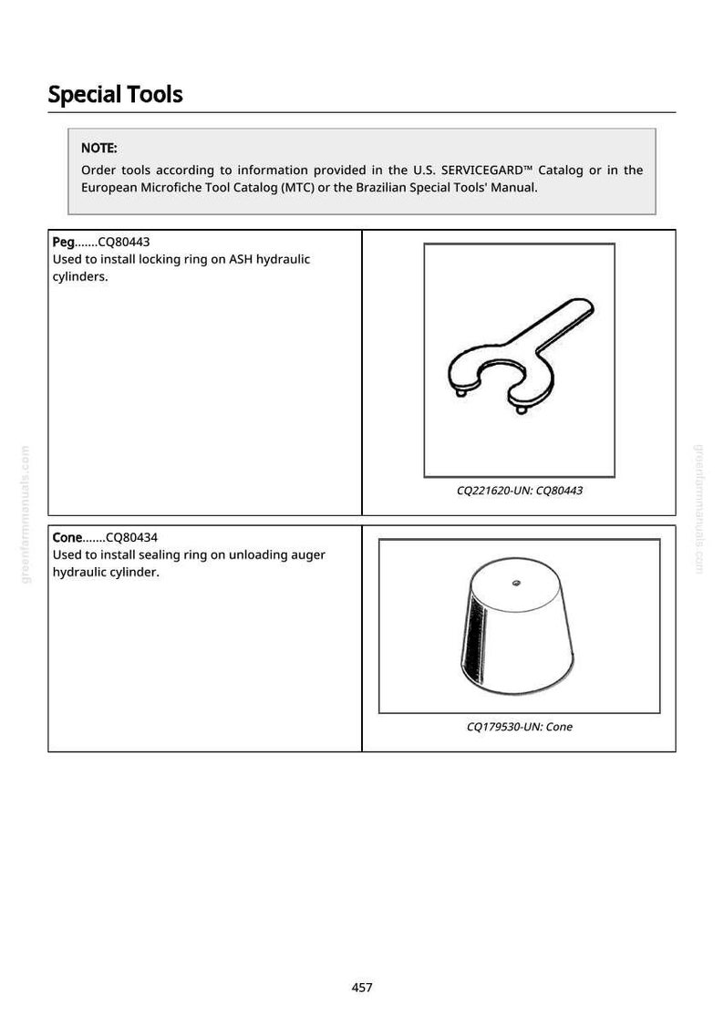 May include: Image from a manual showing special tools. Includes a wrench-like tool labeled CQ221620-UN: CQ80443, used for installing locking rings on hydraulic cylinders. Also, a cone-shaped tool labeled CQ179530-UN: Cone.