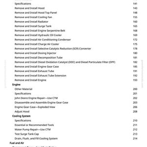 May include: A page from a manual detailing diesel engine oil specifications and component removal and installation procedures. The text includes sections on the engine, cooling system, and fuel and air systems.