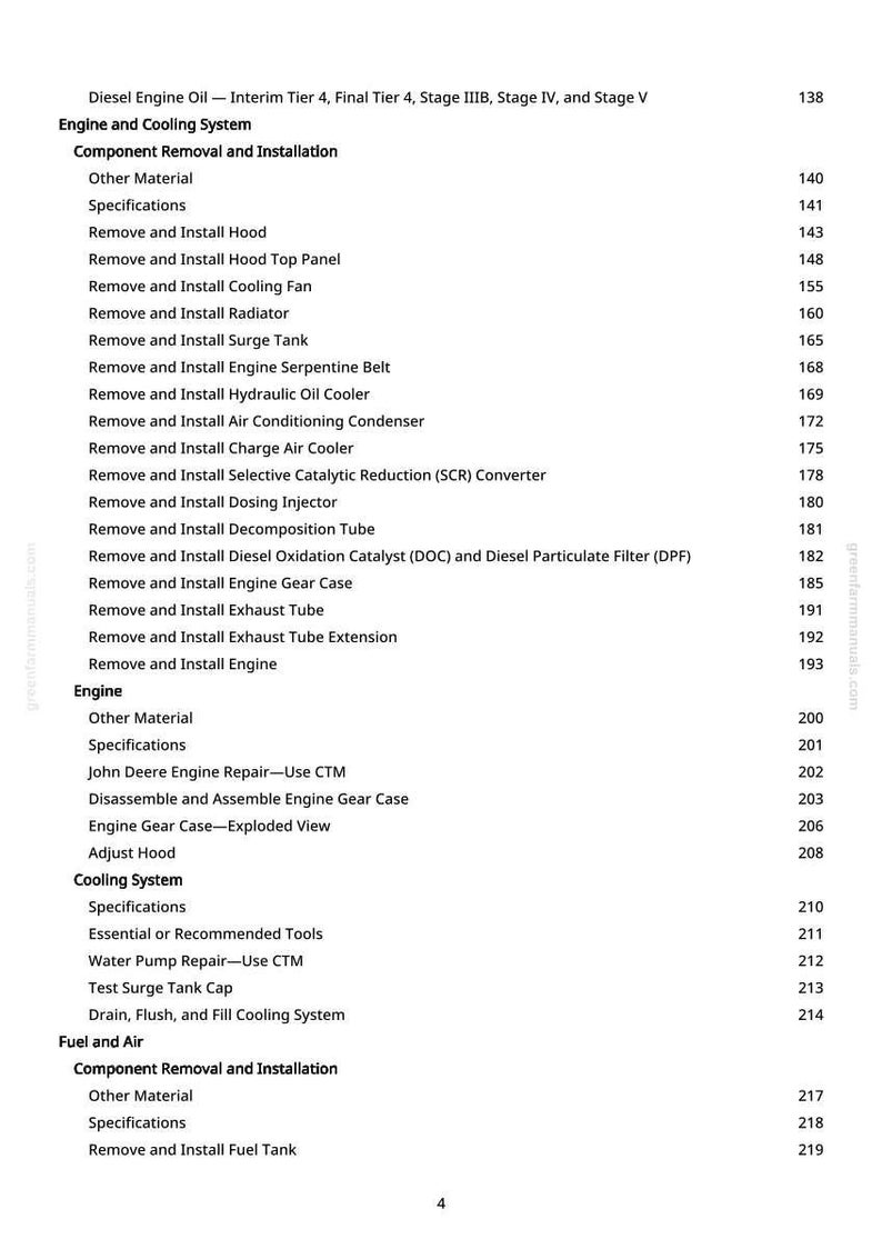 May include: A page from a manual detailing diesel engine oil specifications and component removal and installation procedures. The text includes sections on the engine, cooling system, and fuel and air systems.