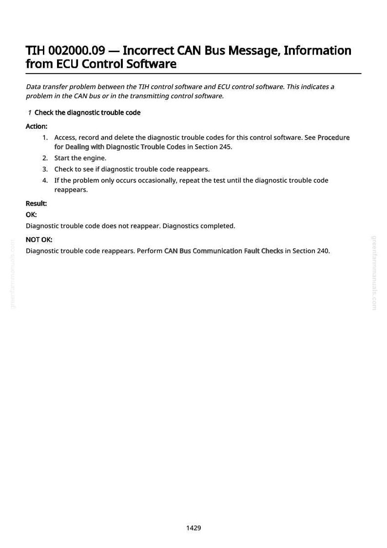 May include: A white document with black text detailing diagnostic procedures for an incorrect CAN Bus message from ECU control software. The document includes instructions, results, and a website address.