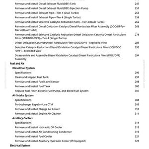 May include: A page from a greenfarmmanuals.com manual, listing automotive repair procedures. The text includes instructions for diesel exhaust systems, fuel systems, and air intake components, with page numbers.