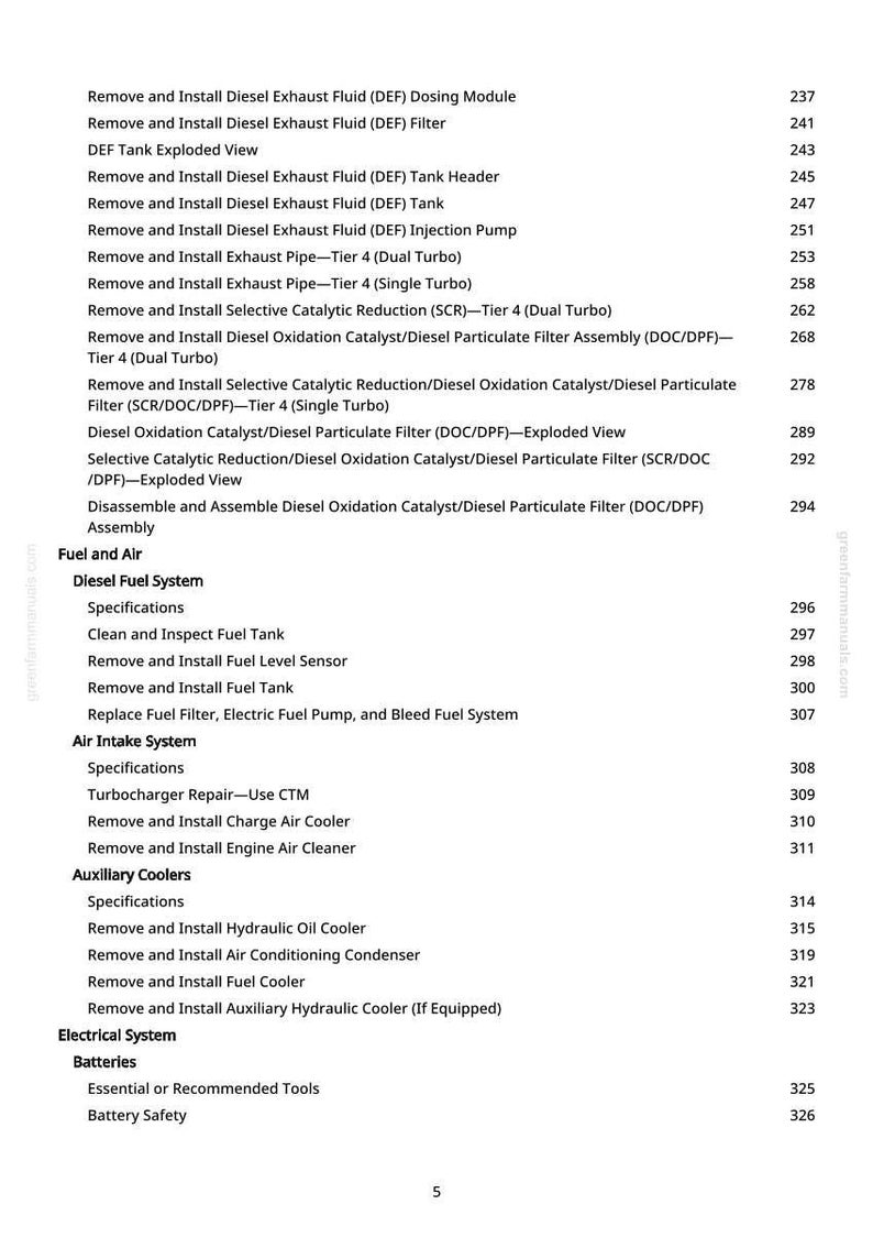 May include: A page from a greenfarmmanuals.com manual, listing automotive repair procedures. The text includes instructions for diesel exhaust systems, fuel systems, and air intake components, with page numbers.