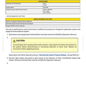 Puede incluir: P&aacute;gina de manual que detalla una prueba de la v&aacute;lvula de alivio de presi&oacute;n de carga. Las especificaciones incluyen la temperatura del aceite hidr&aacute;ulico, la velocidad del motor y la presi&oacute;n de la v&aacute;lvula de alivio.