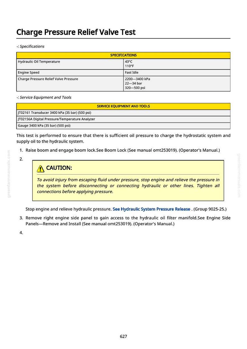 Puede incluir: P&aacute;gina de manual que detalla una prueba de la v&aacute;lvula de alivio de presi&oacute;n de carga. Las especificaciones incluyen la temperatura del aceite hidr&aacute;ulico, la velocidad del motor y la presi&oacute;n de la v&aacute;lvula de alivio.
