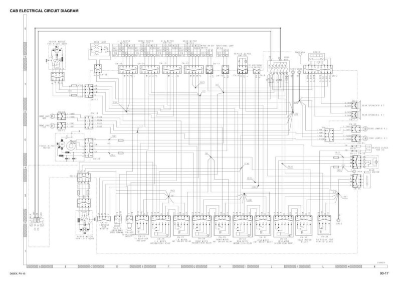 K&ouml;nnte beinhalten: Ein detailliertes schwarz-wei&szlig;es elektrisches Schaltbild mit der Bezeichnung "CAB ELECTRICAL CIRCUIT DIAGRAM". Das Diagramm zeigt zahlreiche miteinander verbundene Komponenten, Linien und Textbeschriftungen, die das Verdrahtungslayout veranschaulichen.