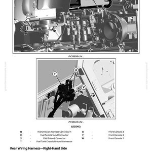 May include: Diagram of a rear wiring harness on the right-hand side, featuring various connectors and components. Includes labels for Transmission Harness Connector 1, Fuel Tank Ground Connector, and Cab Ground Connector. The image is in black and white.