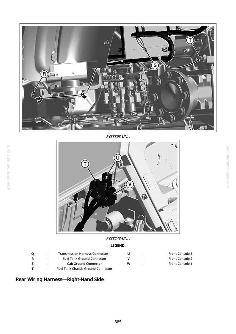 May include: Diagram of a rear wiring harness on the right-hand side, featuring various connectors and components. Includes labels for Transmission Harness Connector 1, Fuel Tank Ground Connector, and Cab Ground Connector. The image is in black and white.