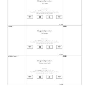 May include: A white document with text in French, detailing vehicle configurations and diagnostics. Sections include "Tyre type," "Language," and "Measurement unit," with navigation buttons and figure numbers. The document is for electronic diagnostics.