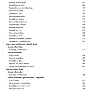 May include: A page from a manual with a list of automotive repair procedures, including suspension, brakes, and operator station components. The text is black on a white background, with page numbers on the right.