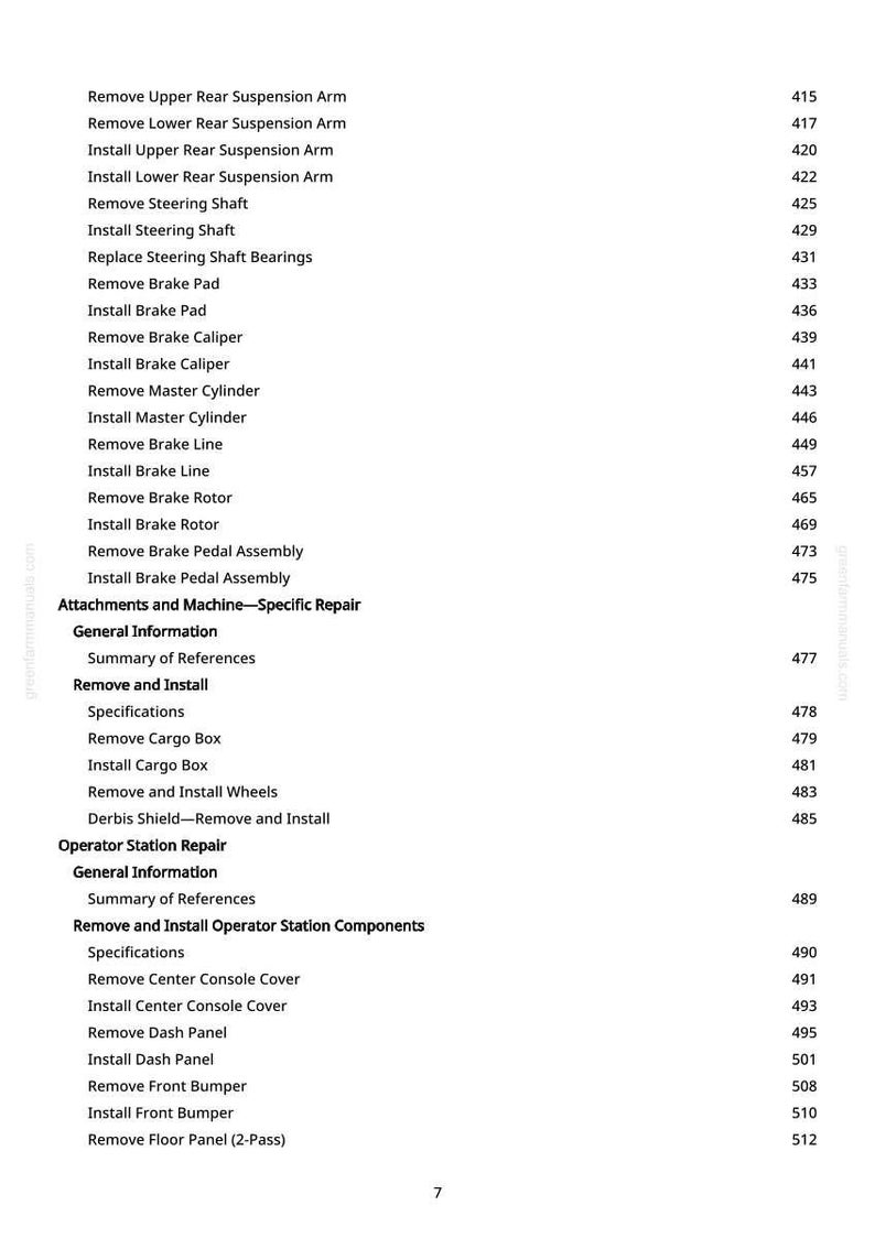 May include: A page from a manual with a list of automotive repair procedures, including suspension, brakes, and operator station components. The text is black on a white background, with page numbers on the right.