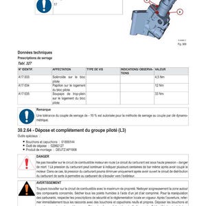 May include: Technical diagram with instructions for fuel system maintenance. Includes a detailed illustration of a component, along with tables specifying tightening torques in Newton meters. Safety warnings and tool specifications are also provided.