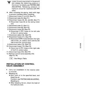 May include: A white page with the title "REMOVAL OF CONTROL VALVE ASSEMBLY" and instructions for removing and installing a control valve. Includes diagrams and steps for disconnecting hoses and cables. The page also includes the text "INSTALLATION OF CONTROL VALVE ASSEMBLY".