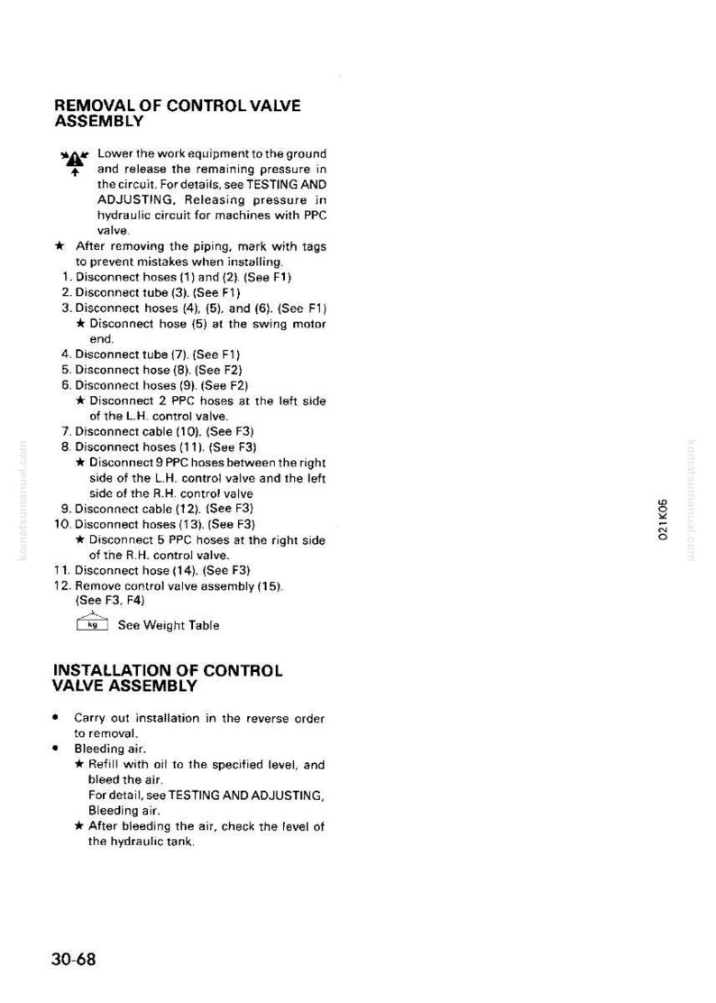May include: A white page with the title "REMOVAL OF CONTROL VALVE ASSEMBLY" and instructions for removing and installing a control valve. Includes diagrams and steps for disconnecting hoses and cables. The page also includes the text "INSTALLATION OF CONTROL VALVE ASSEMBLY".