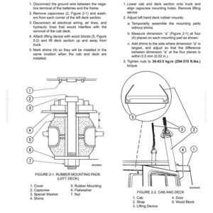 Puede incluir: Diagrama t&eacute;cnico titulado "Cabina de cami&oacute;n" con instrucciones de extracci&oacute;n e instalaci&oacute;n. Incluye ilustraciones detalladas de almohadillas de montaje de goma, cabina y componentes de cubierta, con piezas numeradas y medidas en mm y kg.m.