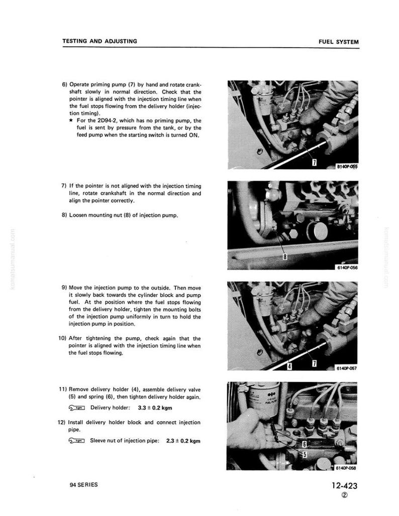 May include: A page from a manual titled "Testing and Adjusting Fuel System." The page includes diagrams and instructions for fuel system maintenance, with close-up images of engine components and text detailing procedures for the injection pump.