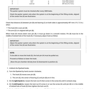 May include: Technical diagram with instructions and a legend for a machine component, including measurements of 49.7 cm (1 ft. 7.5 in.). The text provides step-by-step guidance for maintenance and adjustment of the packer system.