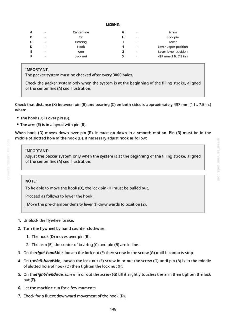 May include: Technical diagram with instructions and a legend for a machine component, including measurements of 49.7 cm (1 ft. 7.5 in.). The text provides step-by-step guidance for maintenance and adjustment of the packer system.