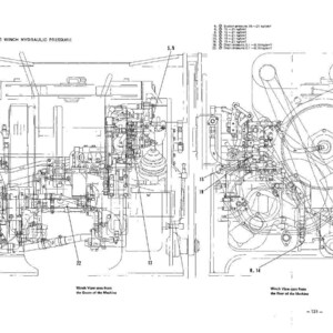 May include: Technical diagram of a winch hydraulic pressure system. The image includes detailed line drawings of mechanical components, with labels and measurements. Text at the top reads "Fig. 4: MEASURING WINCH HYDRAULIC PRESSURE."