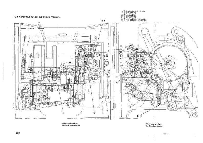 May include: Technical diagram of a winch hydraulic pressure system. The image includes detailed line drawings of mechanical components, with labels and measurements. Text at the top reads "Fig. 4: MEASURING WINCH HYDRAULIC PRESSURE."